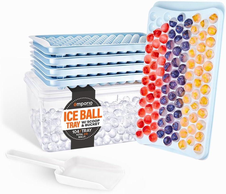 Round Ice Cube Tray with Lid and Bin – Creates 416 Ice Balls (0.60 Inch Size), Stackable Ice Cube Trays, Easy-Release Ice Balls for Drinks and Cocktails, Pack of 1 (4 Trays), Blue