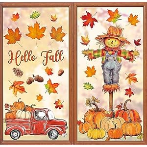 Waline 6 Sheets Fall Window Clings – Watercolor Truck Pumpkin Maple Leaves Scarecrow Decals – Double-Sided Window Stickers for Autumn Thanksgiving Harvest Party Mirrors