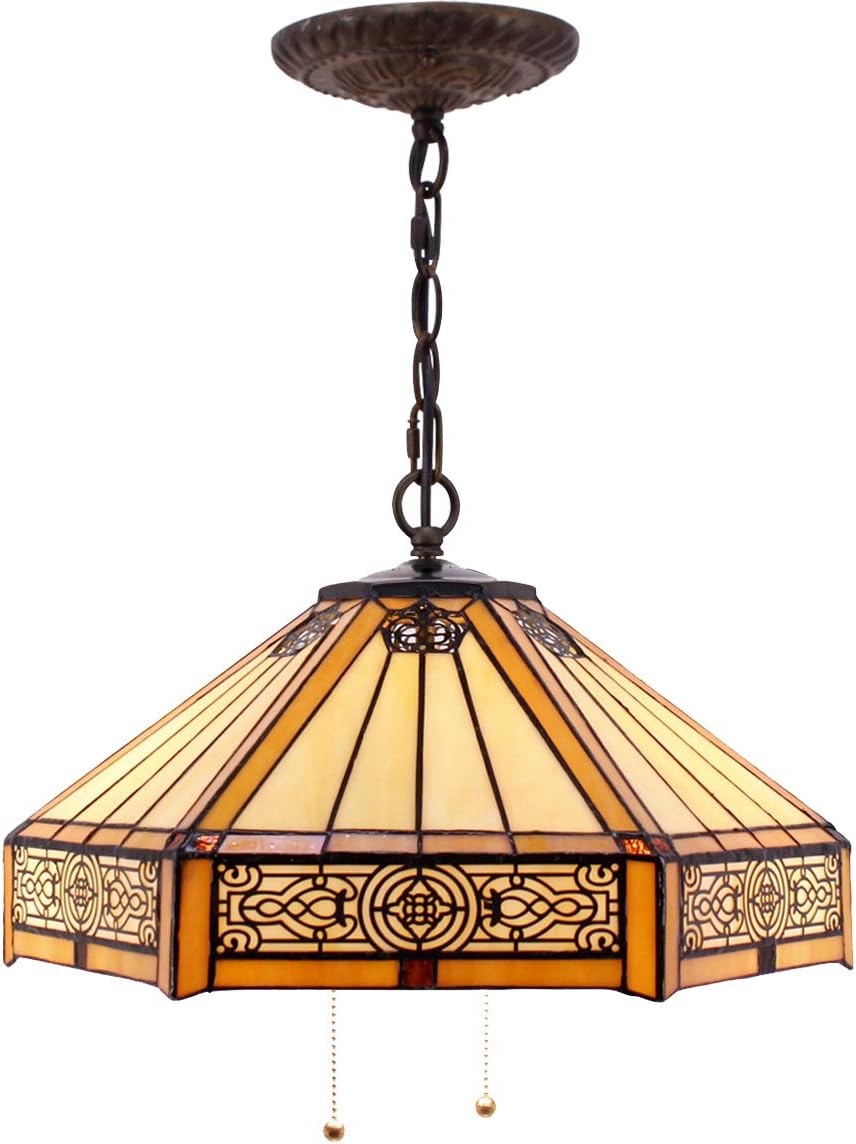 WERFACTORY Tiffany Pendant Light Fixture Yellow Hexagon Stained Glass Mission Hanging Lamp Wide 16 Inch, Height 40 Inch S011 Series