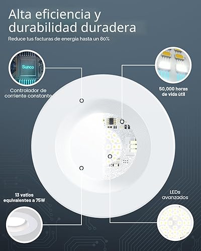 Miniatura 4 de Sunco - Paquete de 12 luces LED empotrables de 6 pulgadas, luces de lata reacondicionadas, 965 lm, 13 W (equivalente a 100 W), CCT seleccionable