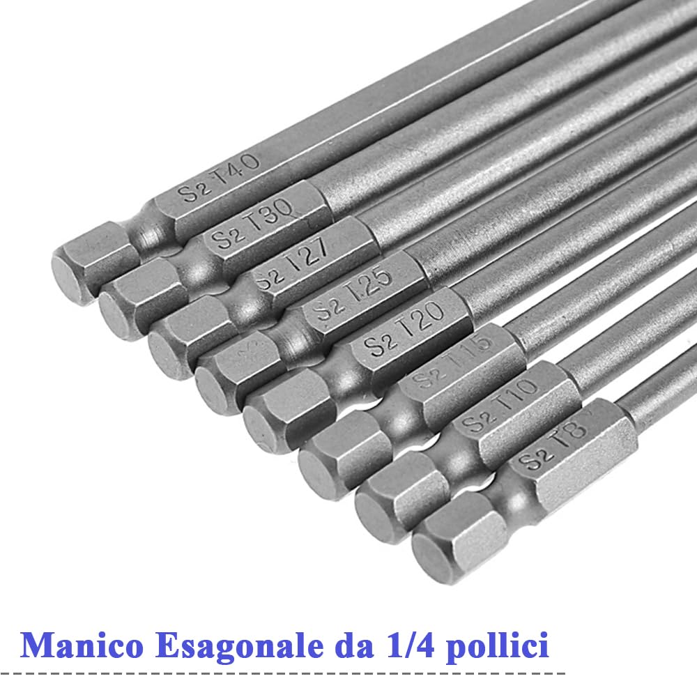 Mesee 8 pezzi Punte per Cacciavite Torx da 150 mm Punte Cacciavite Magnetiche con Asta Esagonale 1/4" Punta di Sicurezza Torx a Stella T8-T40 Punta Bit in Acciaio S2