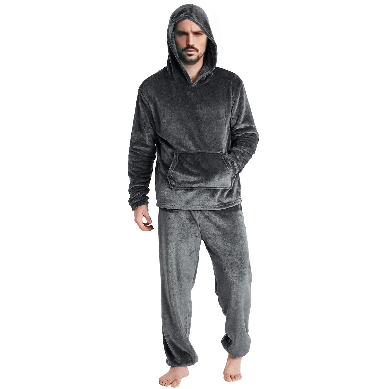 Pigiama lungo da uomo, in flanella, set da 2 pezzi, in pile, con cappuccio e pantaloni da sonno, per la casa, per l'inverno, per ragazzi