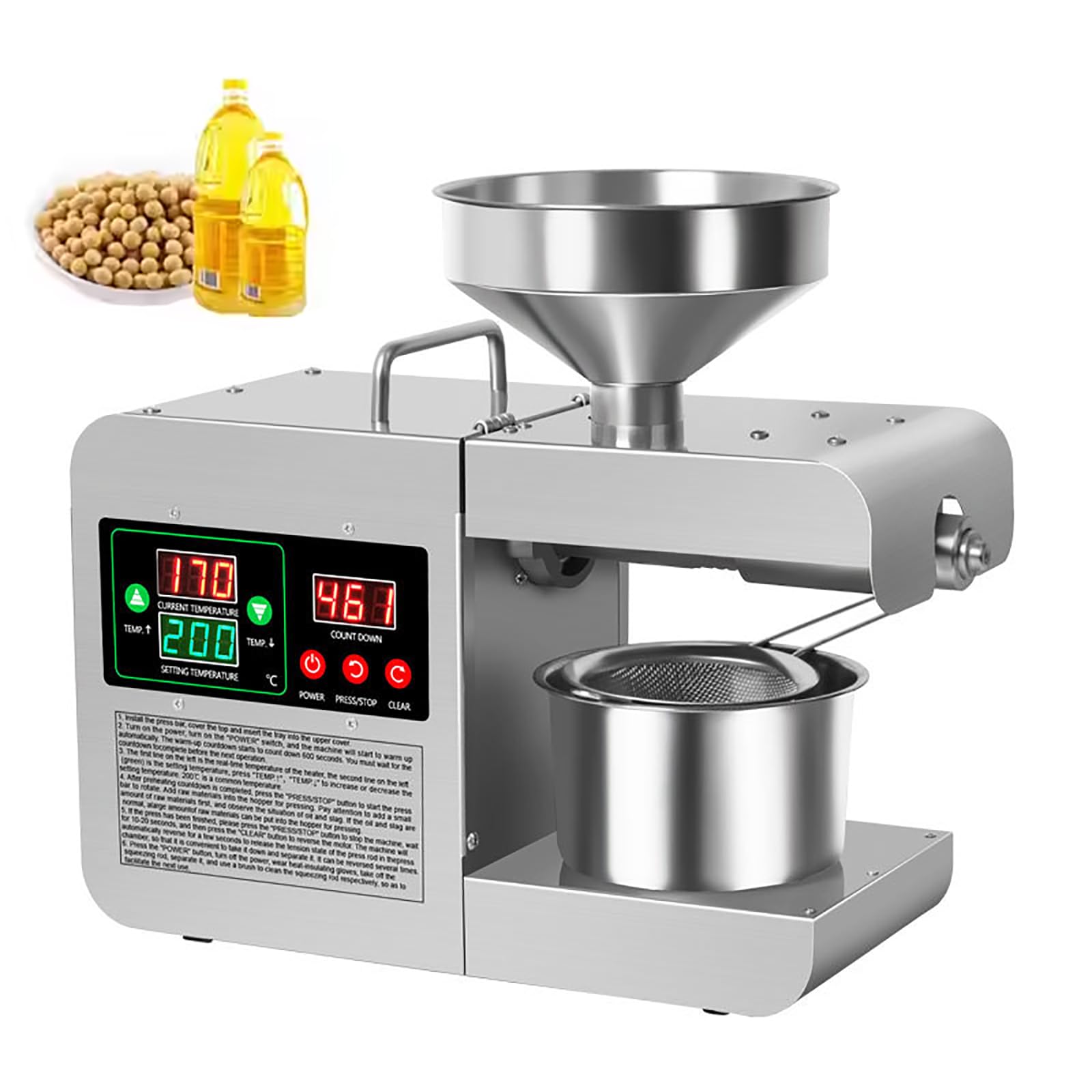 Eoweiot Cold Hot Oil Maker, 820W Automatic Oil Press Machine with Cold &Hot Pressing Modes, Adjustable Temperature 40-240℃,for Commercial