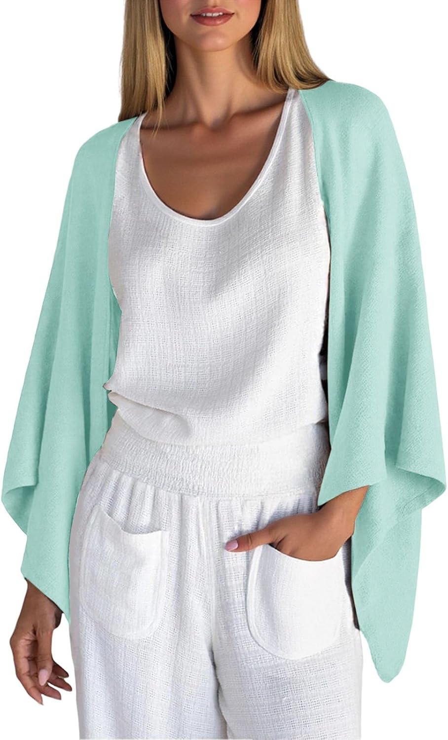 Women's Open Front Cardigan Lightweight Soft 3/4 Sleeve High-Low Draped Hem Loose Fit Casual Duster Linen Coats