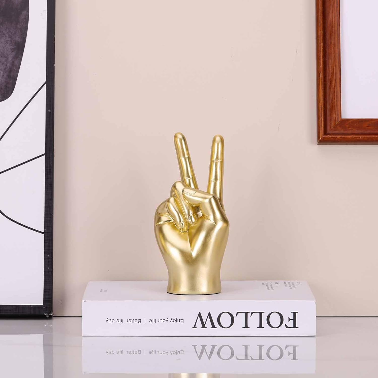 LCCCK Gold Hand Sculpture Peace Sign Decor, Cool Gesture Hand Statue Finger Knick Knack for Shelves, Weird Gift Funky Sculpture for Desk Bookshelf TV Stand Accent Ornaments Peaceful Decor - Image 6