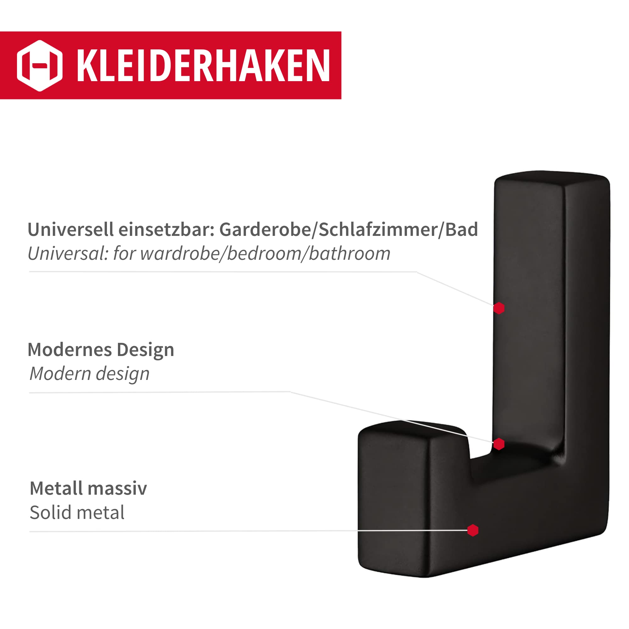 GedoTec Design Garderobenhaken Eckig – 1 Stück, Verchromt Poliert, Massiv Metall, Unsichtbare Wandmontage, Für Mantel & Kleidung