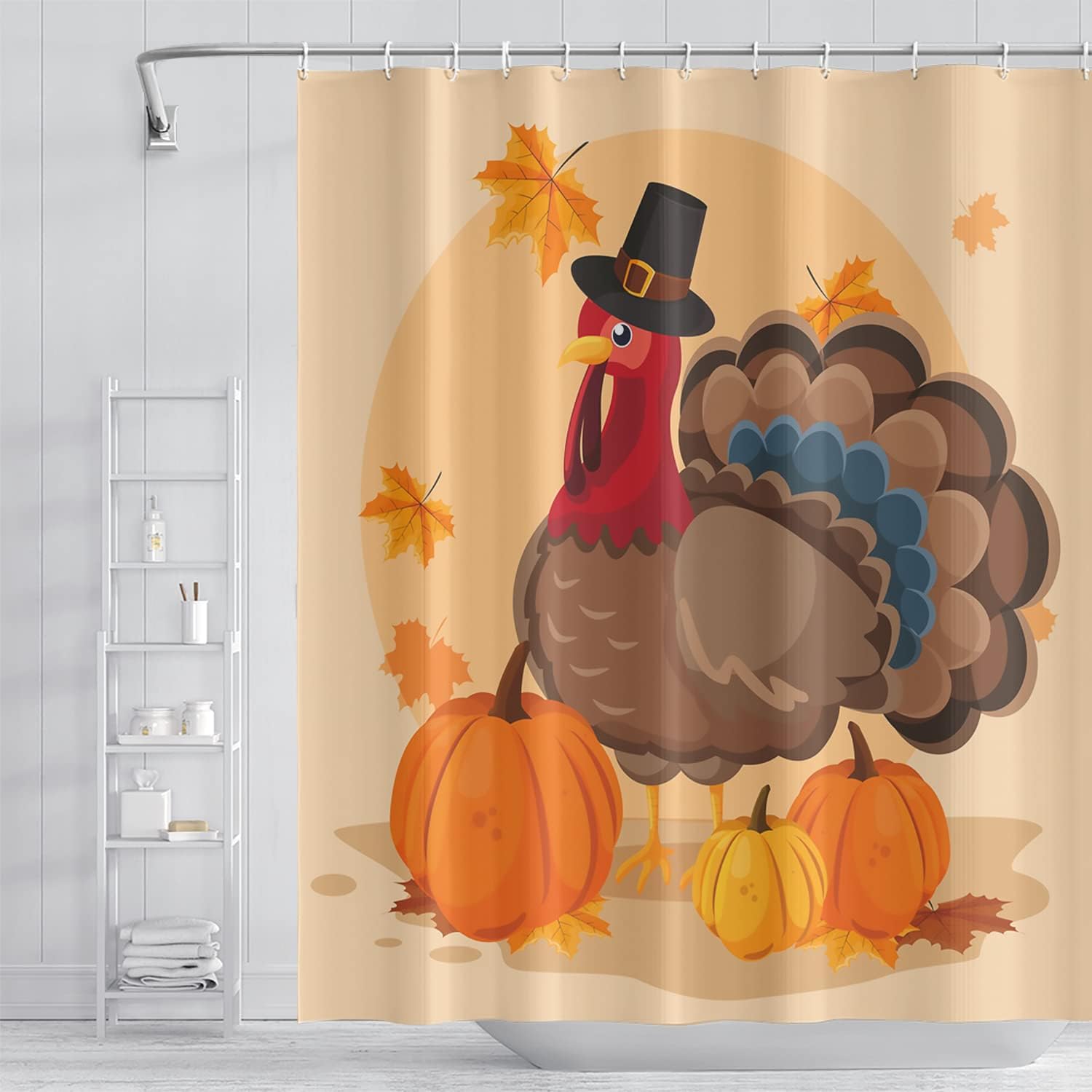 Thanksgiving Turkey Bathroom Shower Curtain Fall Harvest Pumpkin Maple Leaf Shower Curtain with Hooks Polyester Waterproof Fabric Home Bathtub Shower Curtain Decorative, 72x72 Inch