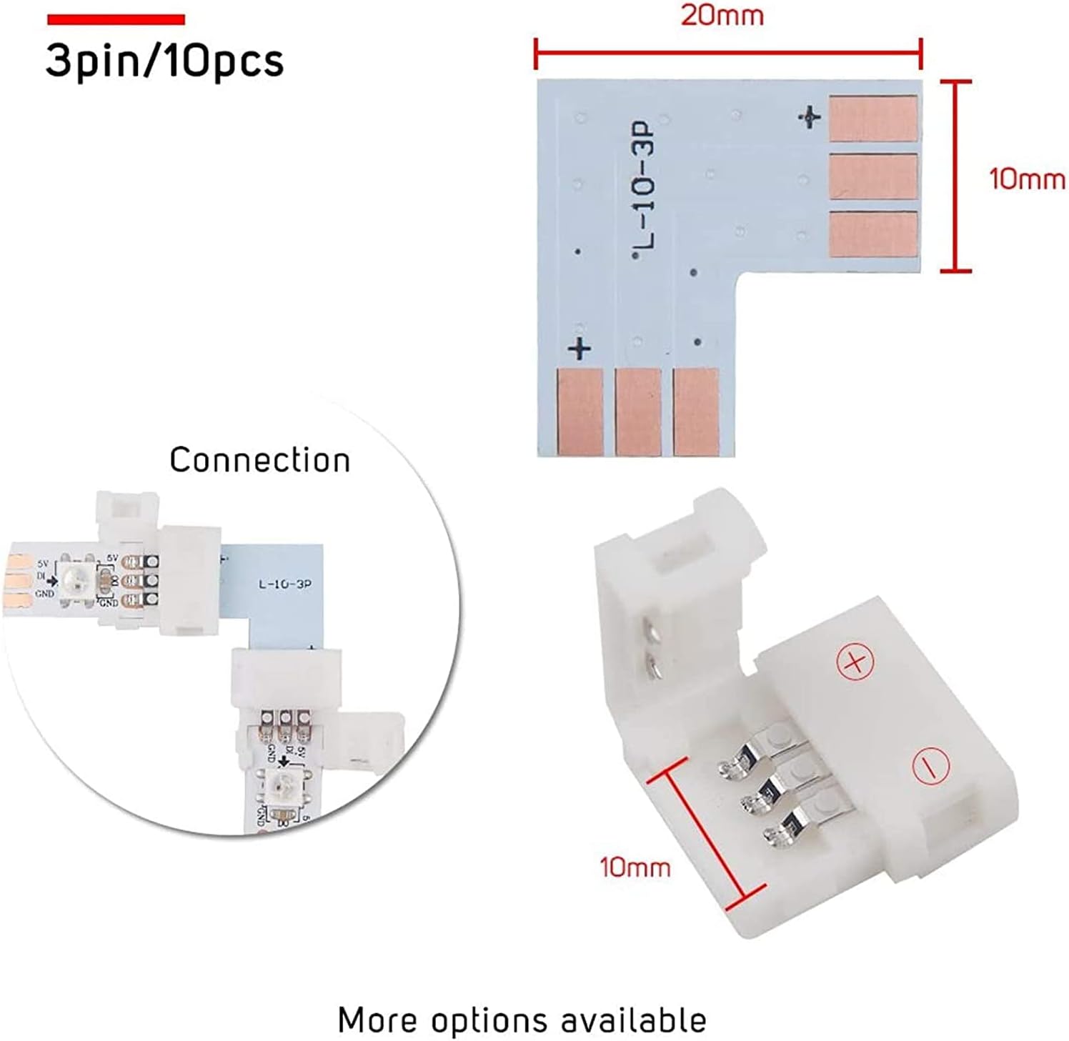 3 Pin RGB LED Strip Connector Kit Includes 10x LED Strip Jumper, 10x L Shape Connector, 10x Gapless Connectors,20x LED Strip Clips for 10MM 5050 WS2812B WS2812 WS2811 LED Strip Light