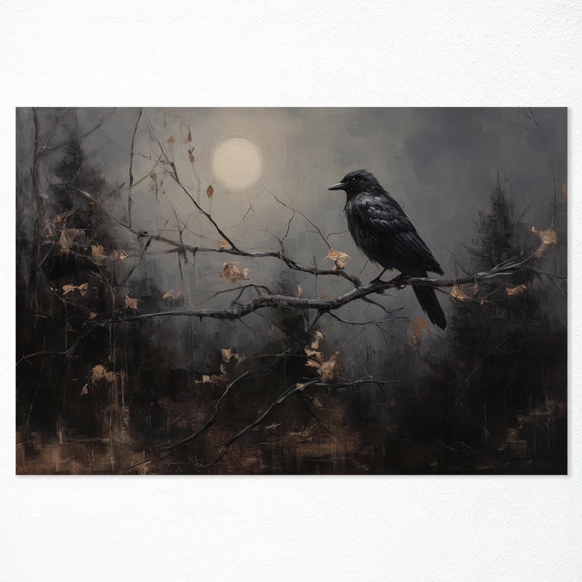 Ogyormpi Vintage Canvas Wall Art, Raven Witchy Art, Haunted Forest Halloween Pictures, Scary Weird Witch Black Crow Decorations 16x24in Unframed