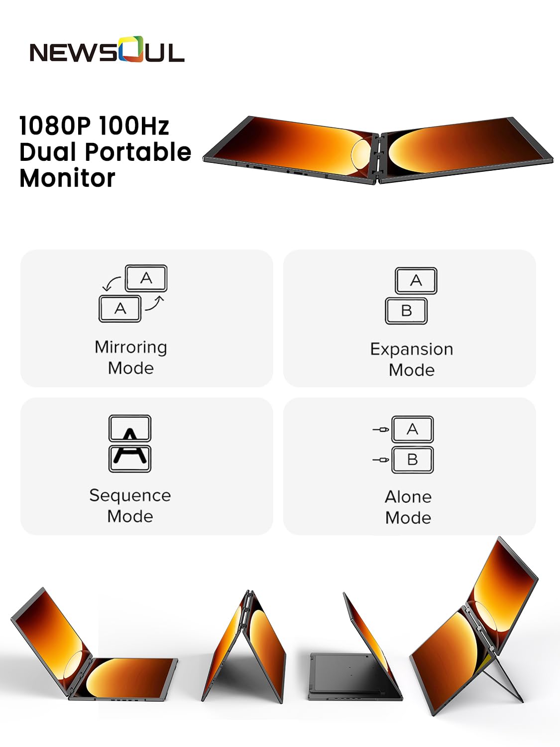Newsoul Doble Monitor Portatil 18,5 Pulgadas, Doble Pantalla Portatil Plegable 100Hz 125% sRGB 1080P HDR, Extensor para Portátil con Rotación de 360°, Compatible con VESA, para Laptop, PC, Mac, PS5