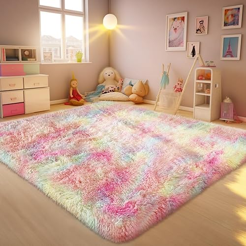 Ophanie Alfombras de área coloridas de arcoíris para dormitorio y niñas, alfombra de unicornio de 4 x 6 pulgadas, mullida y peluda, suave y linda,