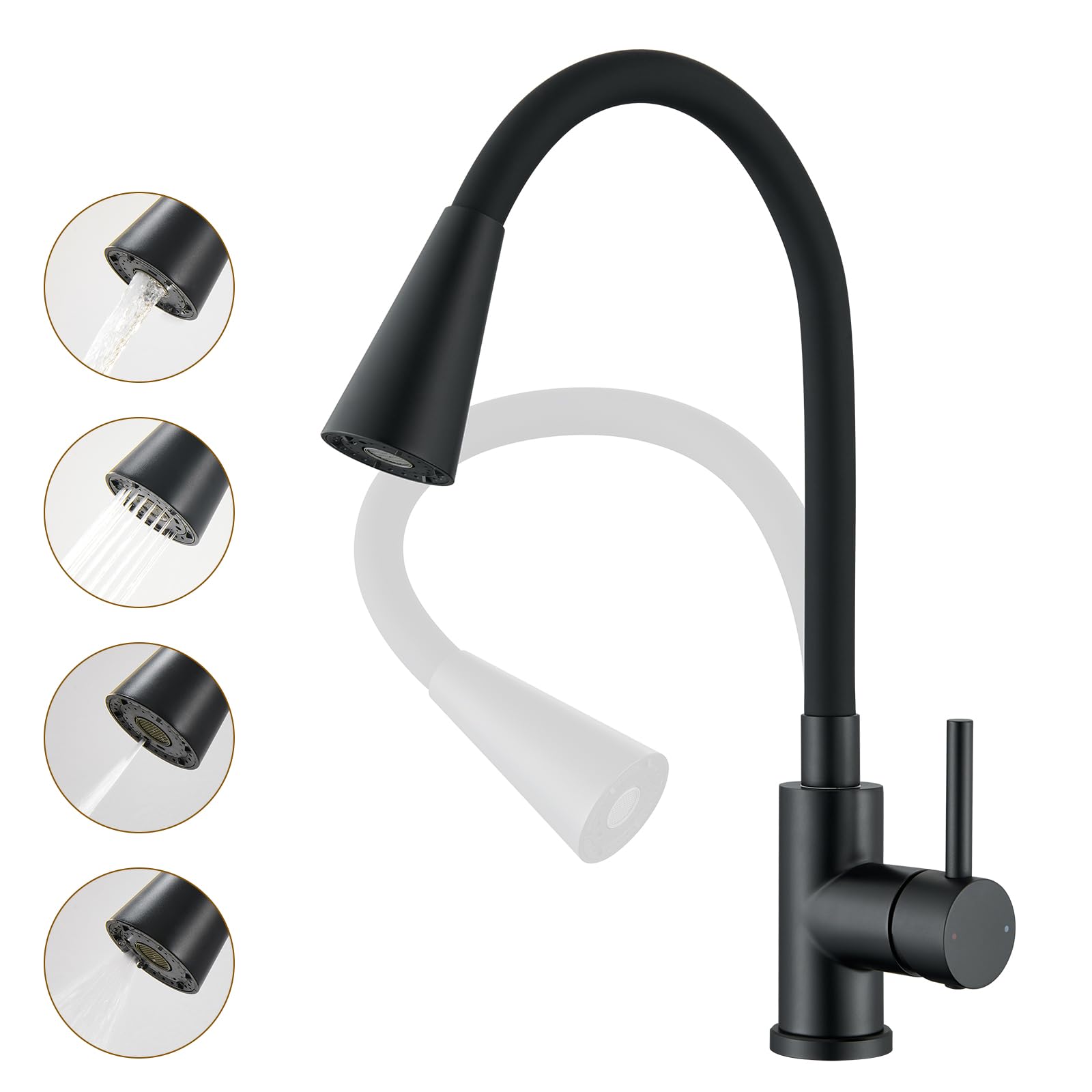 Robinet Cuisine Noir, Mitigeur Cuisine avec Bec Flexible 4 Modes de Réglage, Robinetterie Evier Pivotant à 360° en Acier Inoxydable, Froid & Chaud Disponible