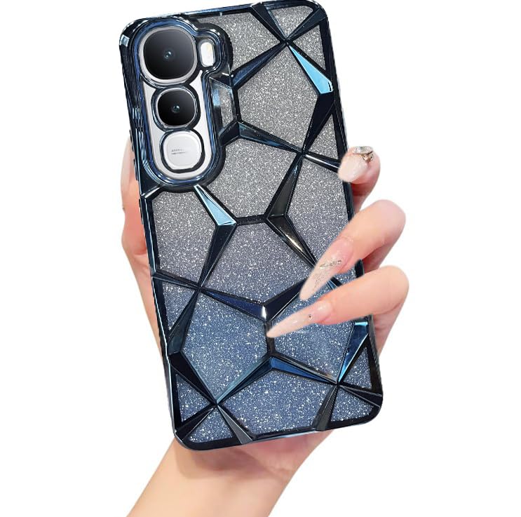 Image of VONZEE Gradient Glitter Case for VIVO Y400, Luxury Electroplated 3D Cube, Diamond Bling Shiny Soft TPU Clear Shockproof Women Girls Protective Phone Cover (Sierra Blue)
