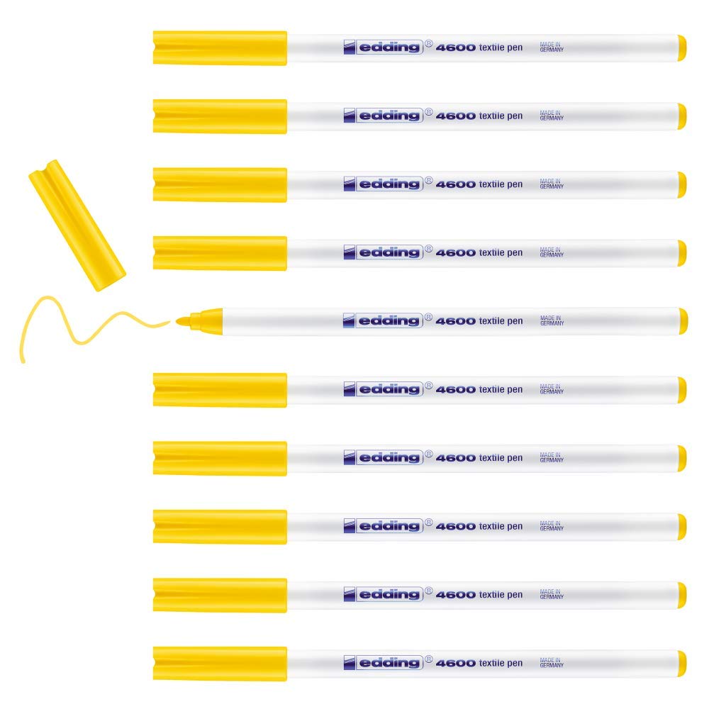 edding 4600 Textile Pen - Yellow - Box of 10 - Round Nib 1 mm - Permanent Fabric pens for Drawing on Textiles, wash-Resistant to 60 °C - Fabric Pen