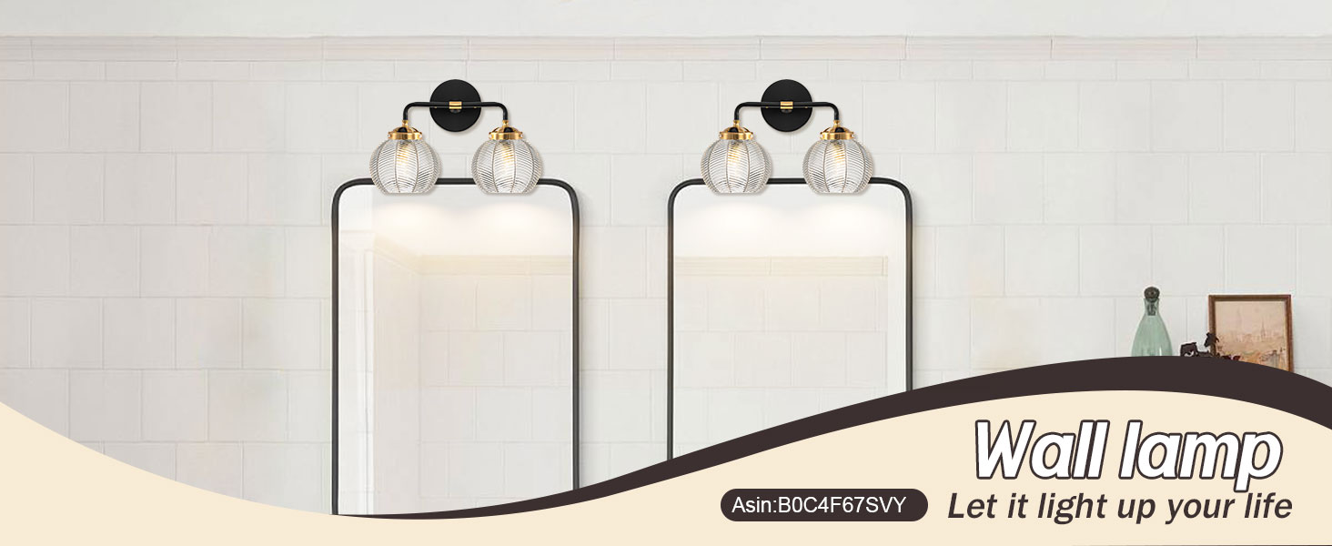 Image of Mid Century Modern Wall Sconce Bathroom Light fixtures 2 Light Ribbed Globe Sconces Vanity Lighting Fixture Black and Gold Vanity Lights Double Wall sconces with Clear Glass Shades