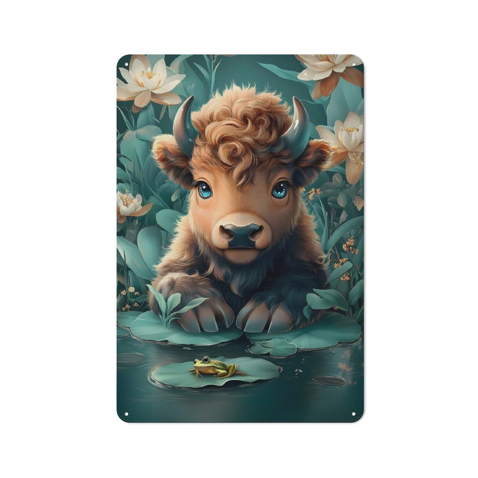 Junmoney Cute Calf With Frog In Pond Classic Metal Sign 30X20cm Featuring Bar Wall Plaque For Diner, Restaurant, Shed Or Kitchen