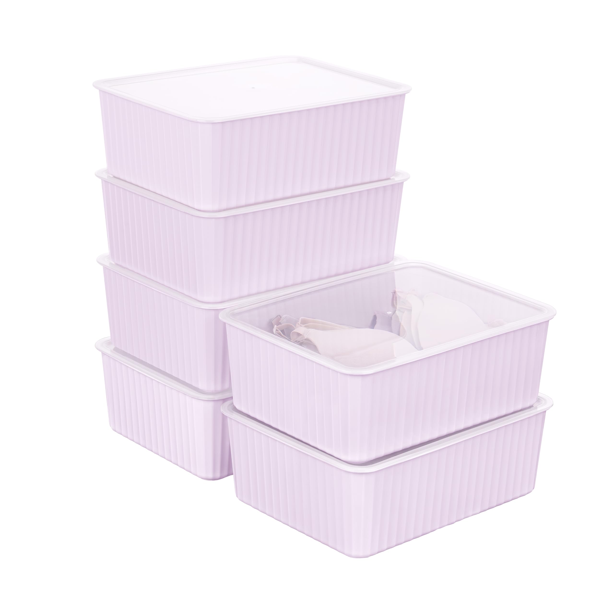 Cetomo Plastic Underwear Drawer Organizer with Lid, Lidded Storage Box for Bras, Plastic Basket for Closet and Shelf, Stackable, Pink (31 x 24 x 11 cm)