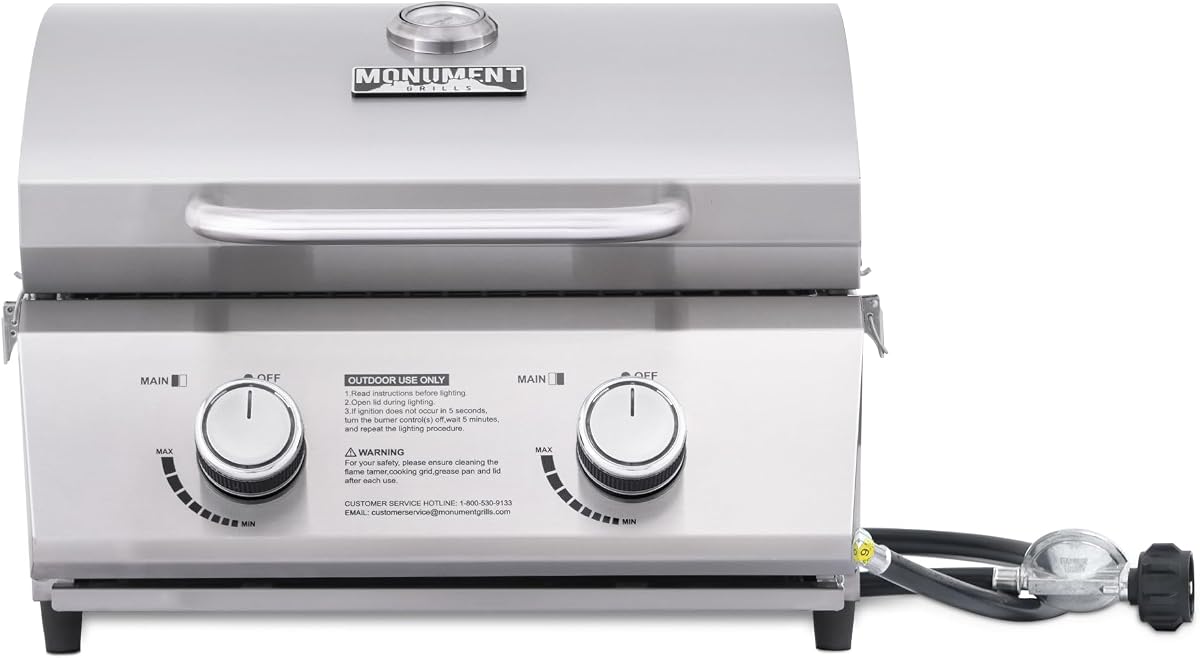 Tabletop Propane Gas Grill for Outdoor Portable Camping Cooking with Travel Locks, Stainless Steel High Lid, and Built in Thermometer