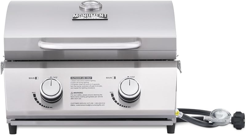 Tabletop Propane Gas Grill for Outdoor Portable Camping Cooking with Travel Locks, Stainless Steel High Lid, and Built in Thermometer