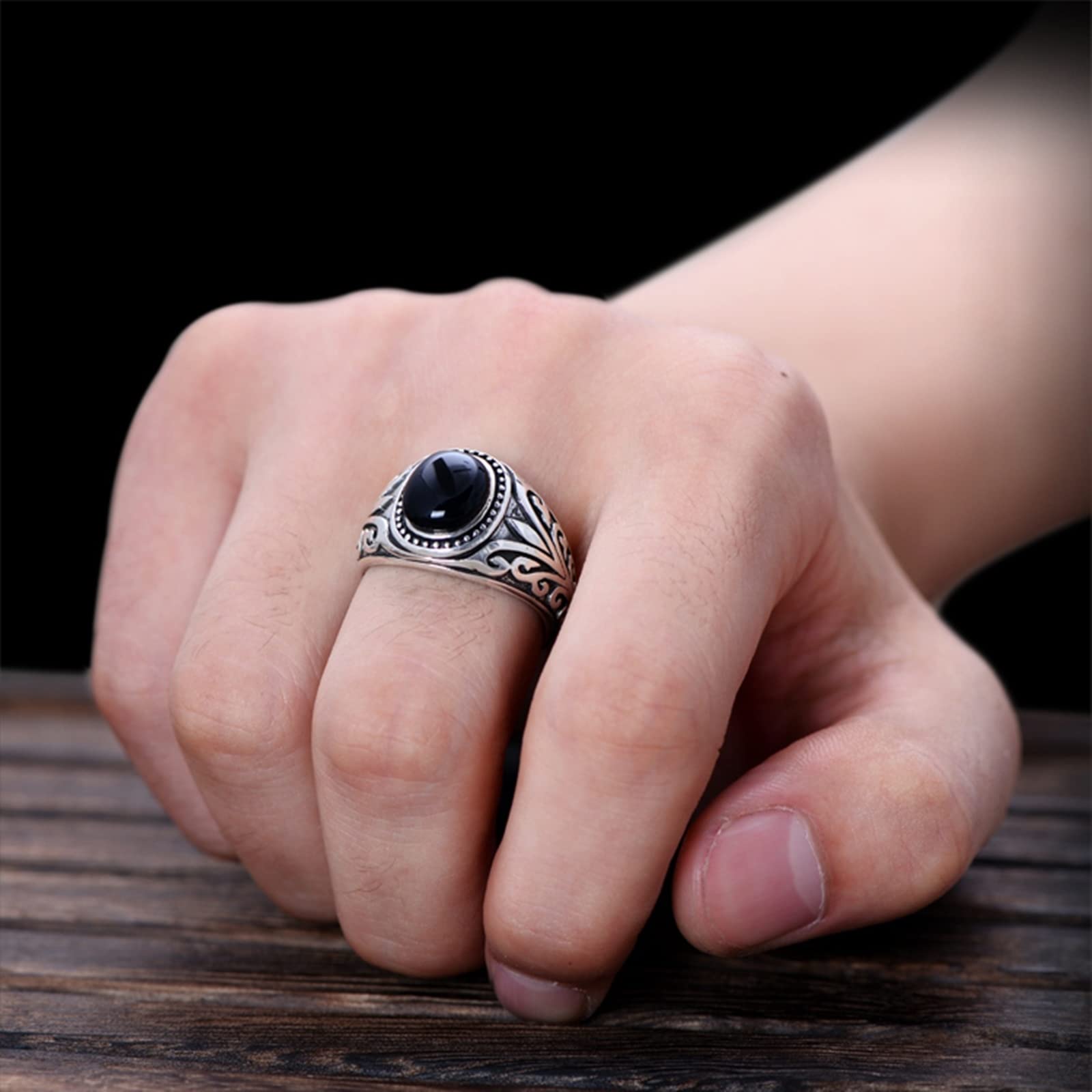 Anillo de ágata ovalada de plata de ley 925 con filigrana vintage simple anillos de plata de ley para niño, padre, marido, tamaño de 1/2 a 1/2