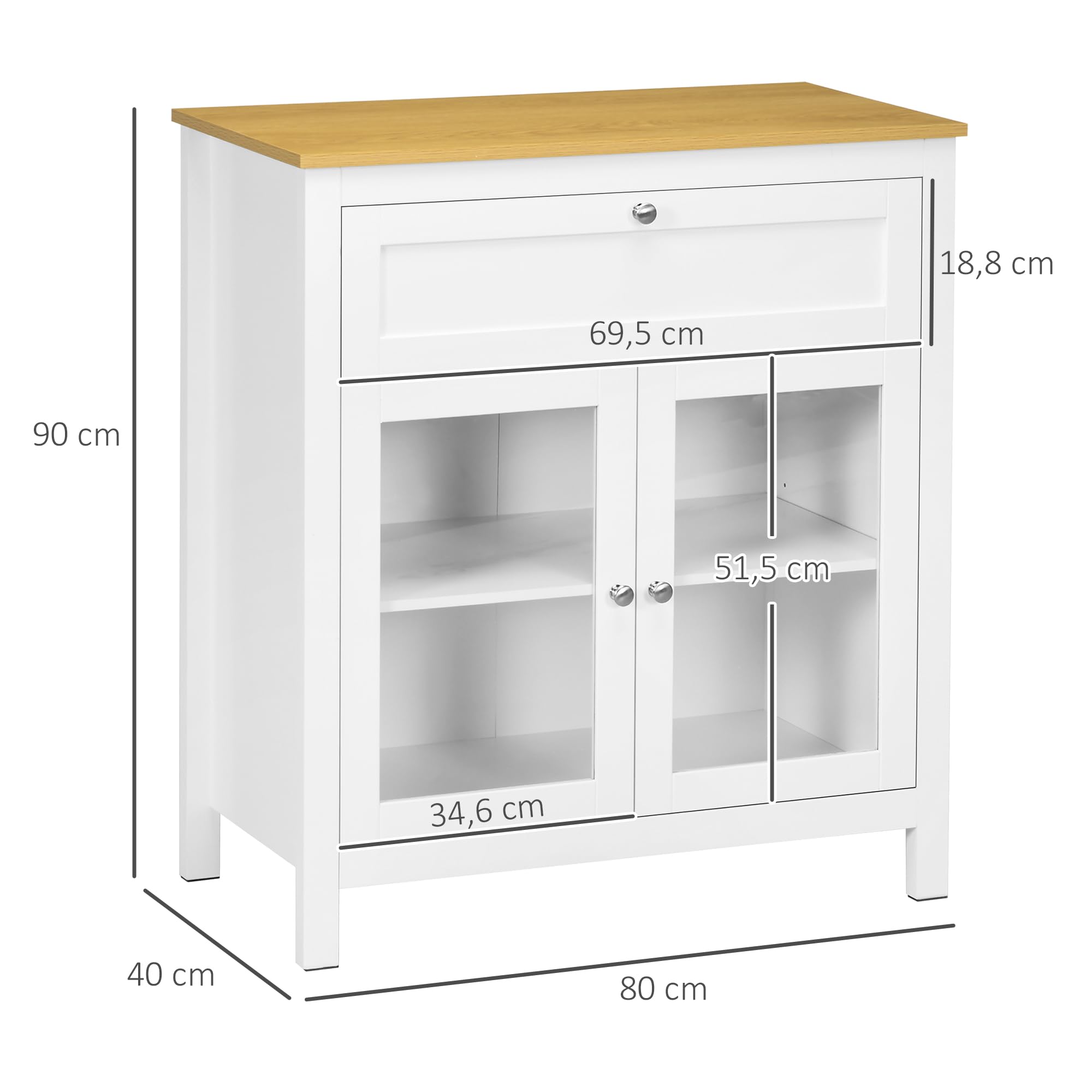 HOMCOM Aparador de Cocina Moderno Mueble Buffet Auxiliar con Cajón Estante Ajustable y 2 Puertas de Vidrio Armario de Almacenamiento para Salón Comedor 80x40x90 cm Blanco