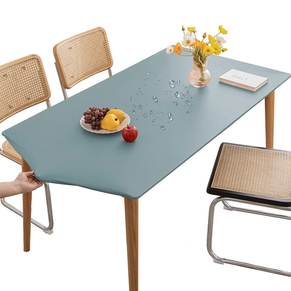 Mateju Rectangular Tablecloth, Rectangle Table Cloth with Elastic Edged Dust-Proof Waterproof PVC Tablecloths Stain Resistant Table Cover Table Decoration Outdoor Indoor (70x130cm,Light Blue)