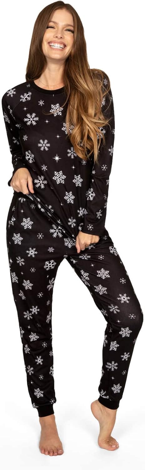 Tipsy Elves Women's Matching Pajama Sets - Black Late Night Snowfall Loungewear for Photos and Events