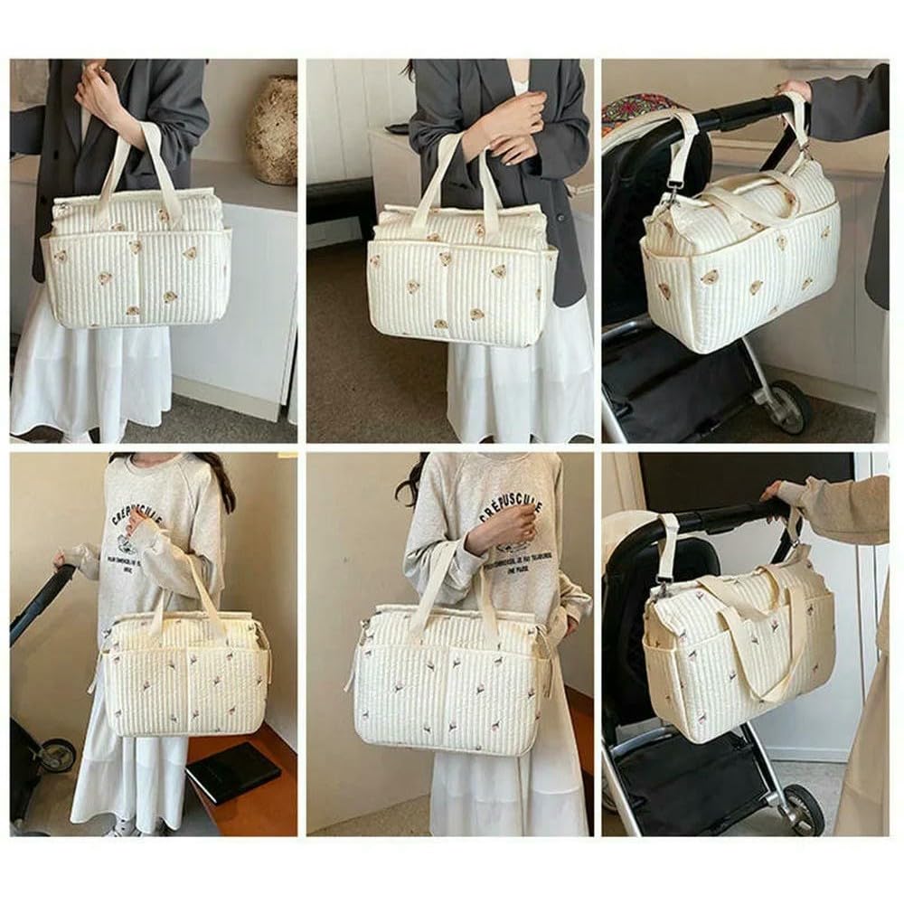 JJDFW Borsa per pannolini, grande capacità, portatile, per passeggino, organizer con ricamo a forma di orso, oliva, borsa per maternità