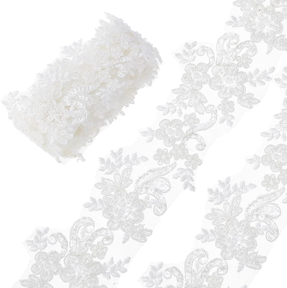 DICOSMETIC 2Yards x 2-1/2 Inch(63mm) White Embroidery Lace Ribbon Luxury Lace Trim Ribbon Rhinestone Beaded Flower Embroidery Trim Fabric for Wedding Clothing Embellishments