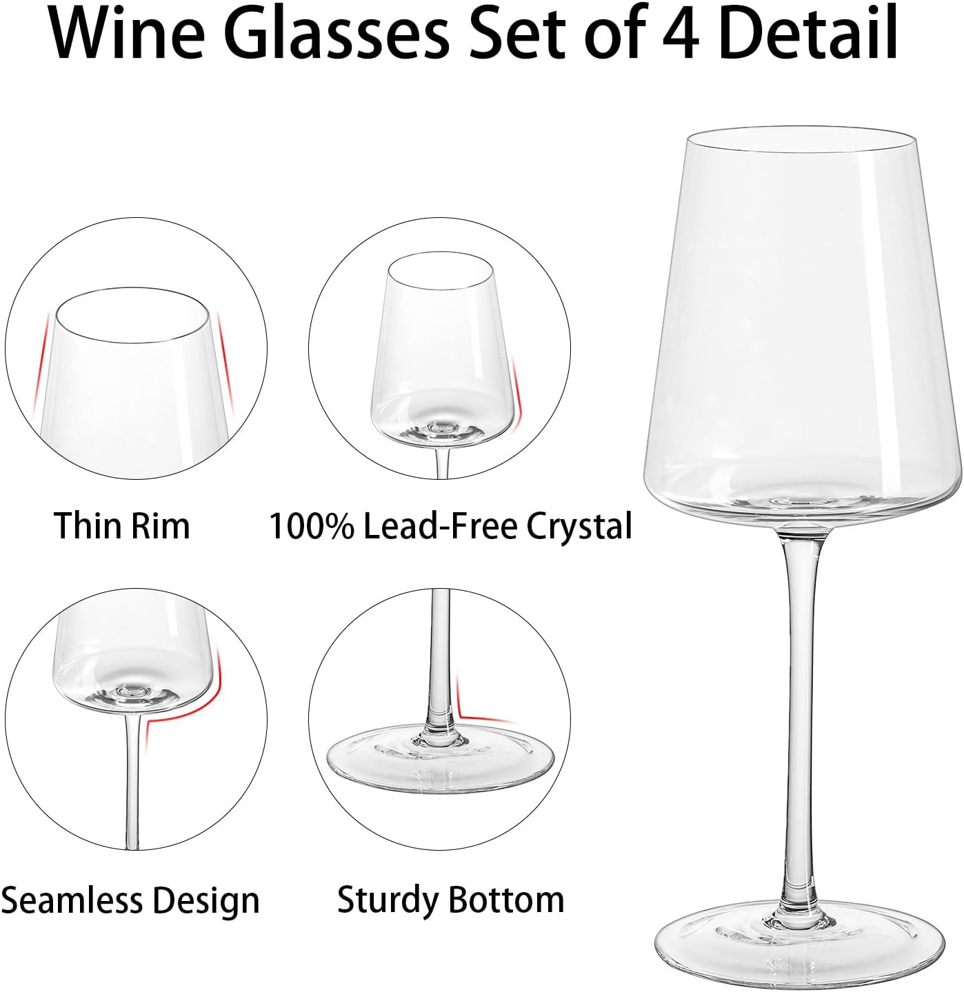 Wine Glasses Set of 4 -13.5oz Clear Lead-Free Crystal Hand Blown Long Stem Square Red Wine Glass for Wedding Anniversary Birthday Party Christmas