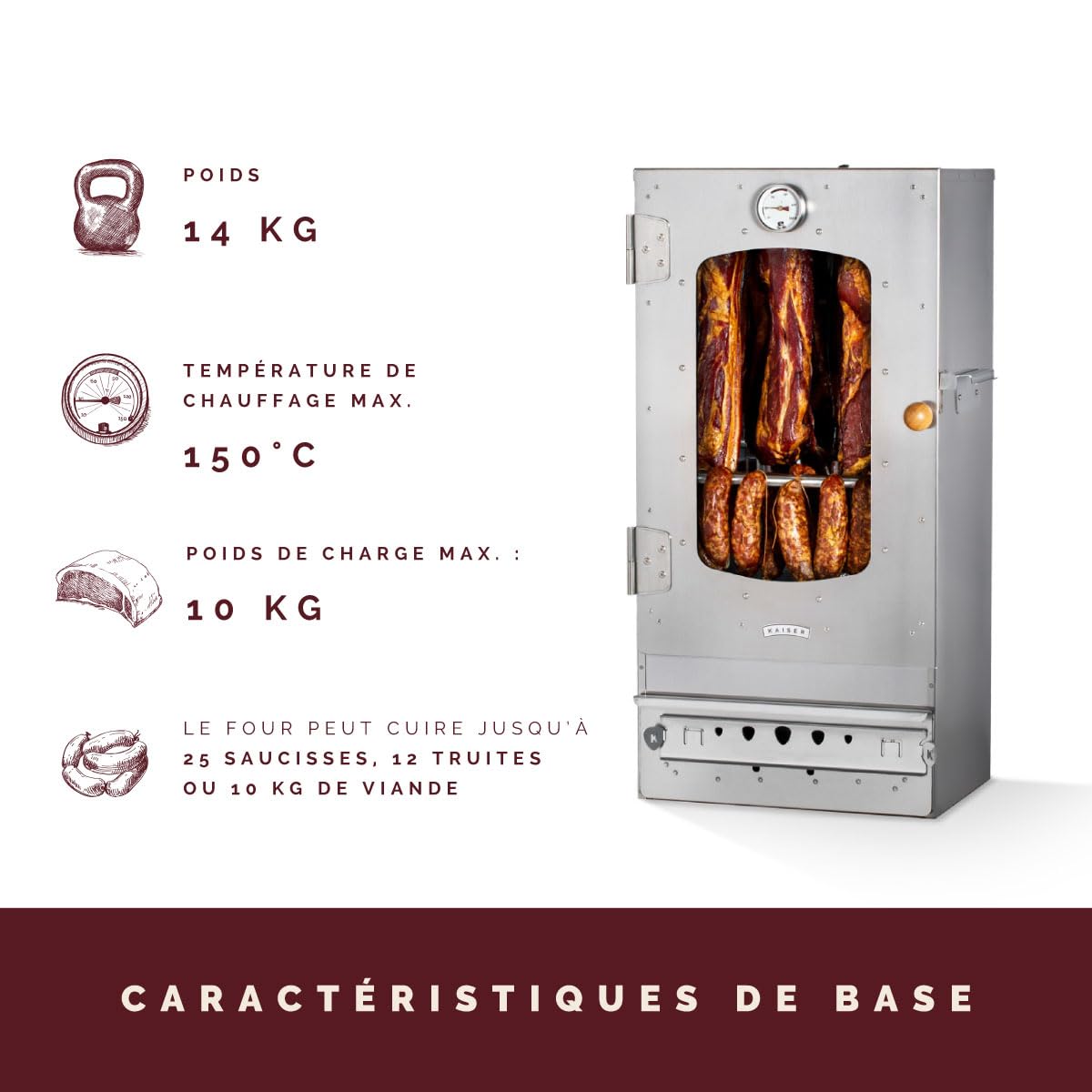 Fumoir KAISER COMPANY '50' en acier inoxydable de haute qualité, portable de 80 cm, pour fumer jusqu'à 10 kg de viande, chauffage au bois