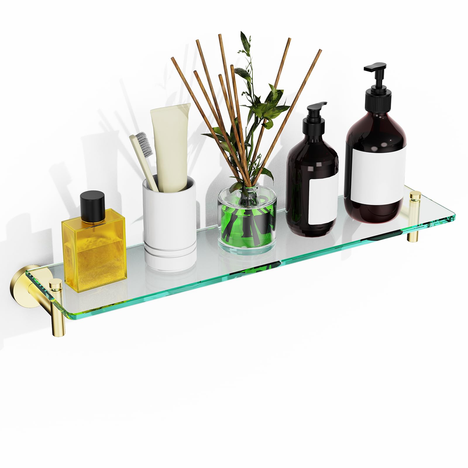 Glass Shelves for Bathroom,16-Inch Brushed Gold Floating Bathroom Shelf Stainless Steel Tempered Glass Shelf Modern Shelves wall Mounted