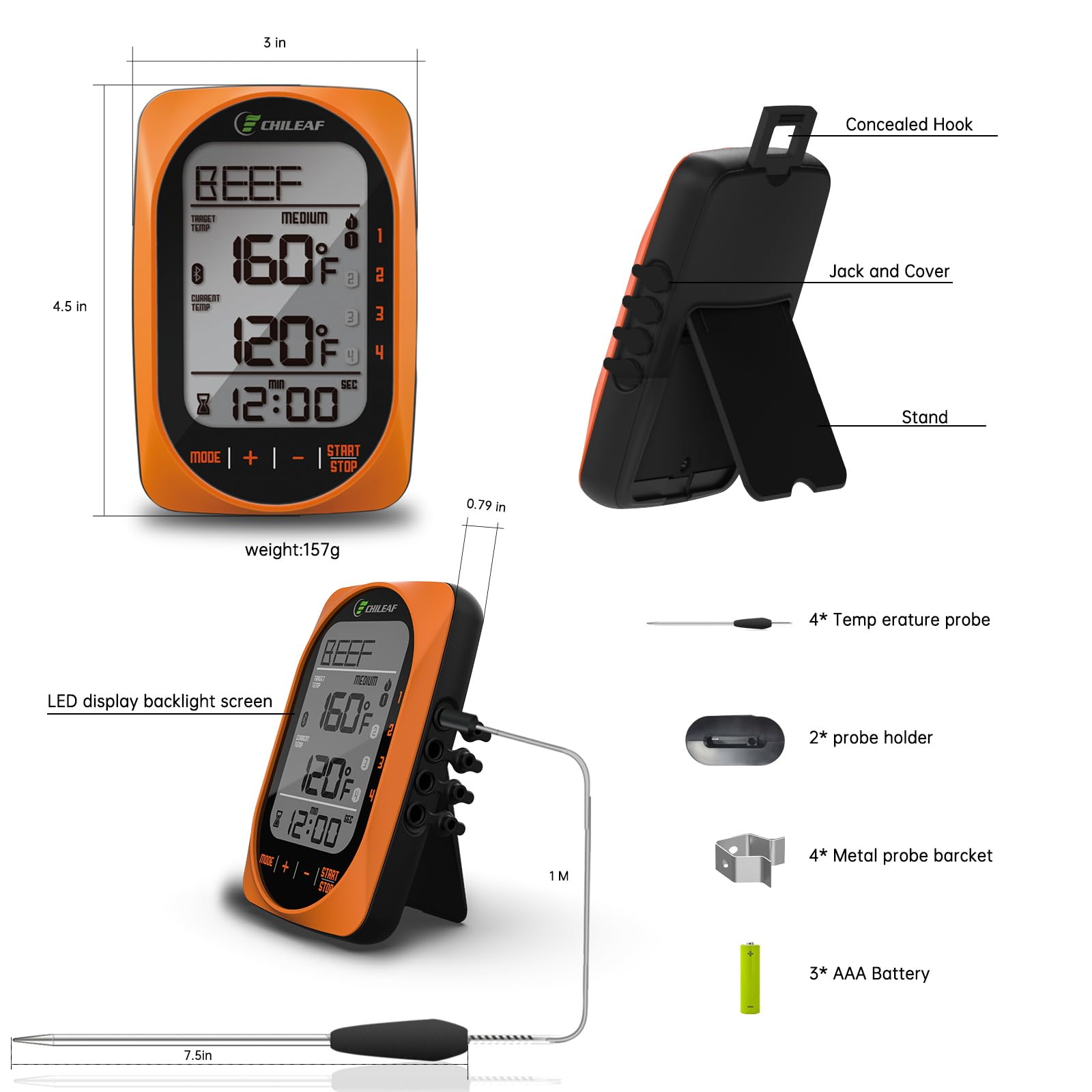 Meat Thermometer Digital Instant Read Food Thermometer Grill Thermometer Smart Bluetooth BBQ Thermometer Oven Thermometer with 4 Probes Time Mode Temper Mode for Grill Candy Meat Oven Food Smoker