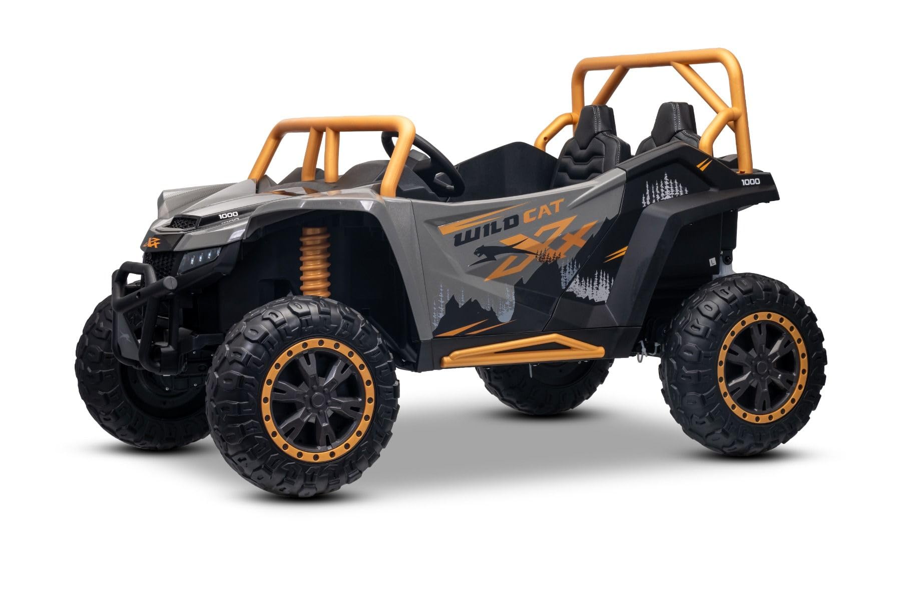 Buggy elettrico Artic CAT XXL 4x4 24V, grigio, due posti, ruote in EVA morbida, motori potenti, batteria al litio, lettore MP3 con Bluetooth, sospensioni posteriori, sedili in ecopelle, con licenza
