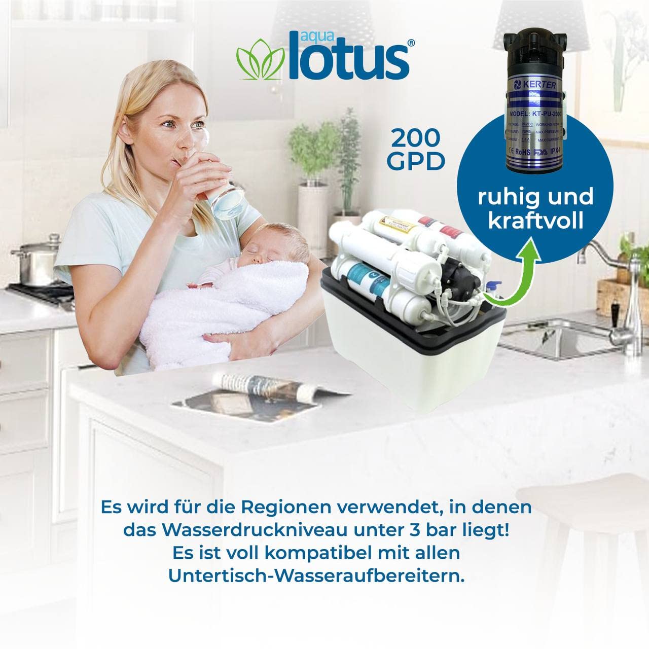 aqua lotus Pompe Booster Osmose Inverse Filtre à Eau Installation 200 GPD Noir Classique Pompe à Eau