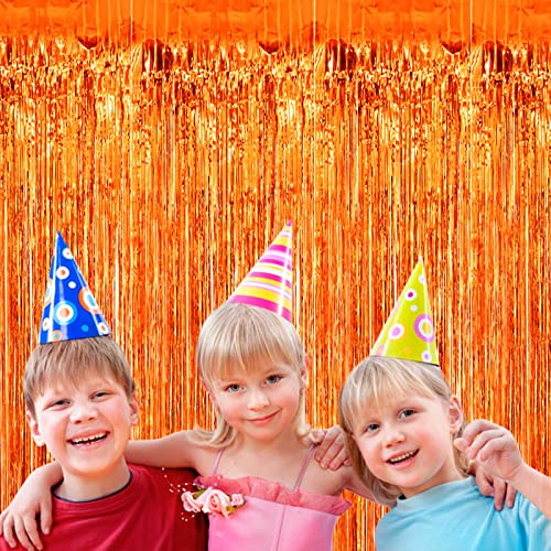 Image of 4 Pack Orange Foil Fringe Curtain Backdrop, 3.28Ftx8.2Ft Metallic Tinsel Foil Fringe Streamers Curtains for Party, Photo Booth Props, Birthday, 2022 Mother's Day Decoration Supplies