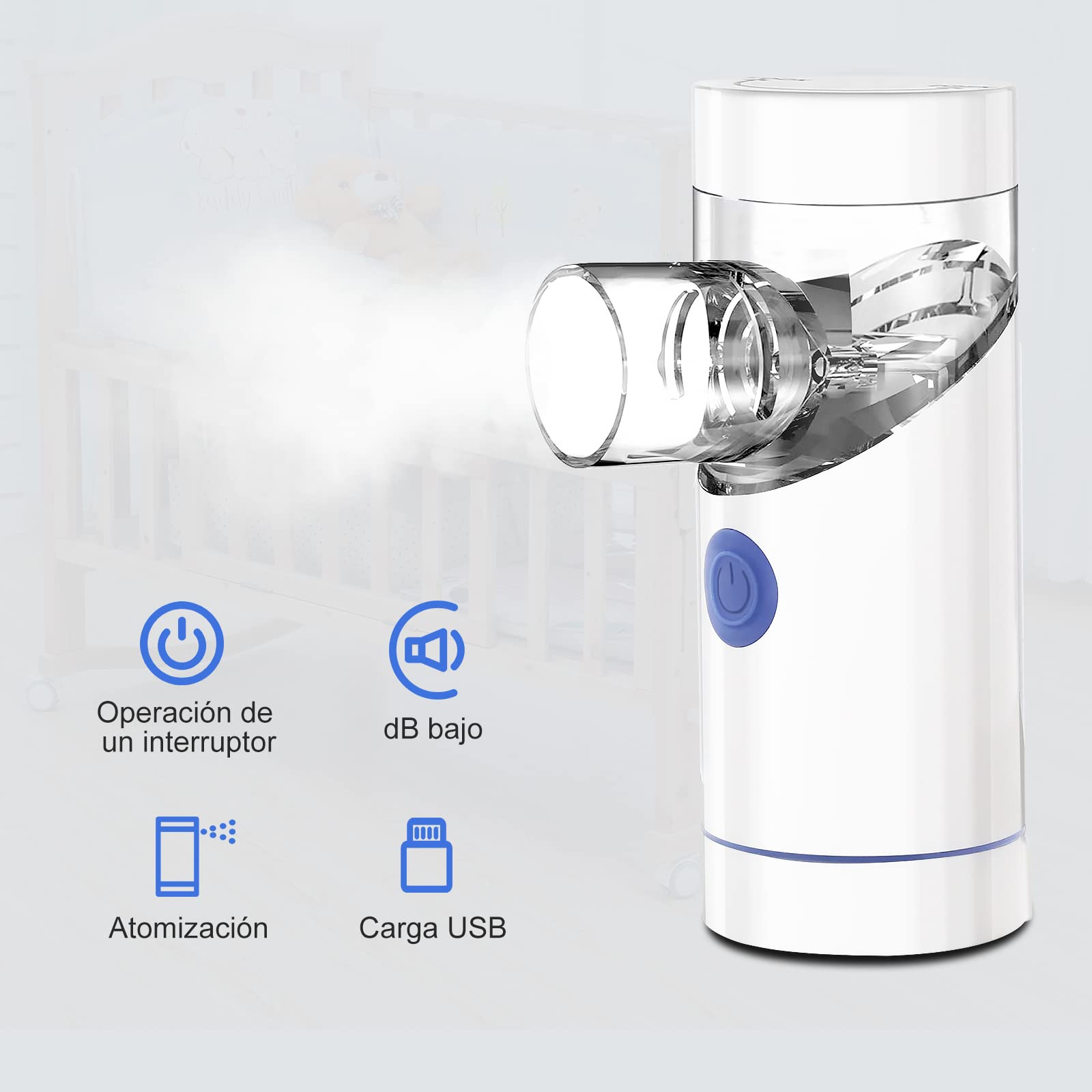 Nebulizador Eléctrico Inhalador Portatil Ruido Bajo USB Recargable con Boquilla y 1 máscara de adulto y 1 máscara de niño