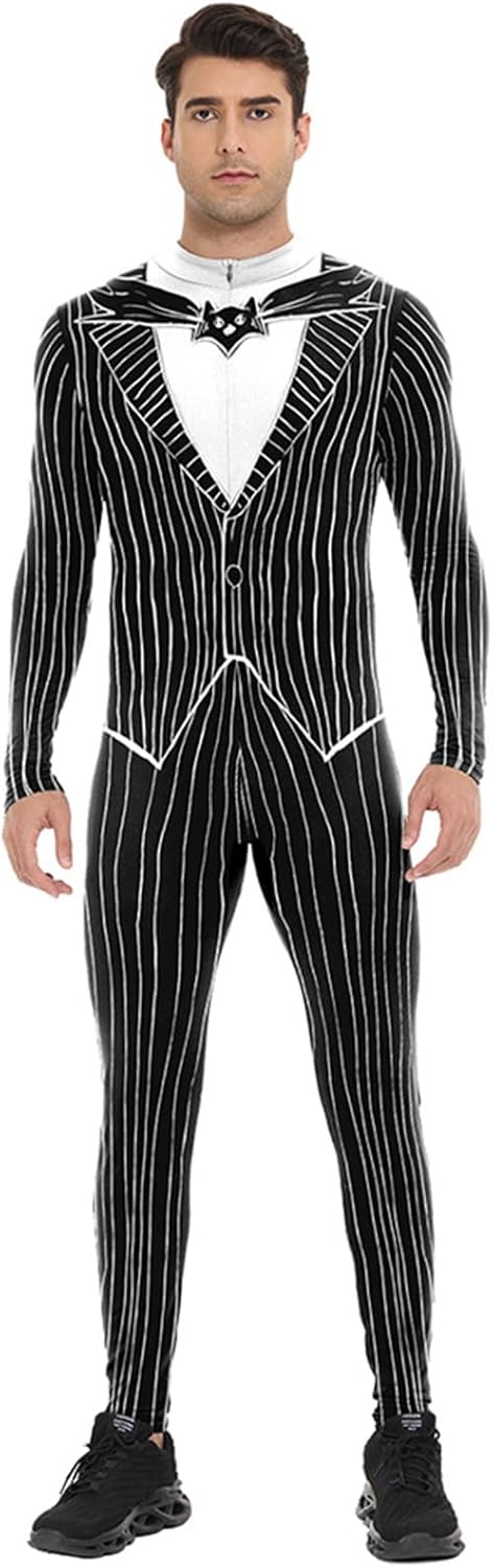 Xuan2Xuan3 Men's Jack Skellington Costume Halloween 3D Print Bodysuit Tight Jumpsuit Cosplay Outfit for Adult Party with Mask
