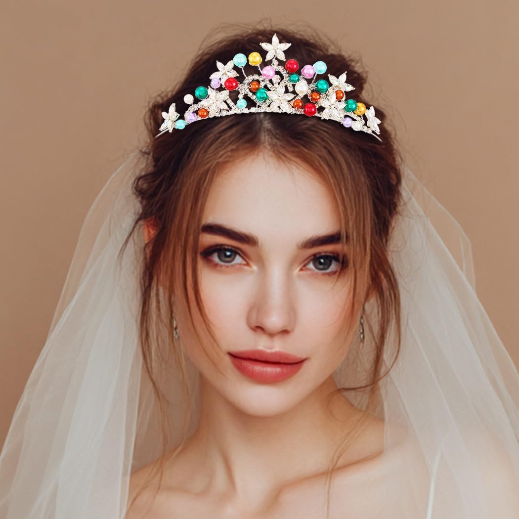 EVILD Colourful Pearl Tiaras and Crowns Flower Bridal Wedding Headband for Women - Image 7