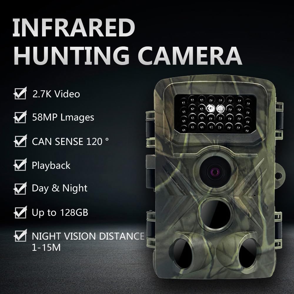 Cámara de Caza 58MP 2.7K HD con Tarjeta Micro SD 32GB Cámaras de Caza Visión Nocturna Impermeable IP66 Cámara de Exterior Patio Trasero Granja Monitoreo de Vida Silvestre Cámara de Seguridad