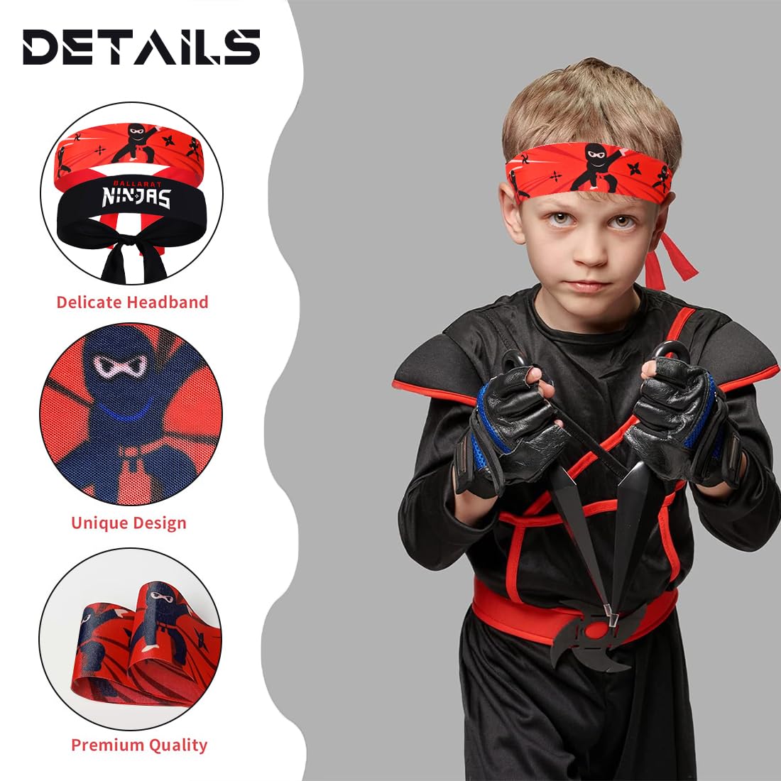 Lot de 4 bandeaux ninja - Accessoires de fête noirs et rouges pour enfants, karaté et fête d'anniversaire