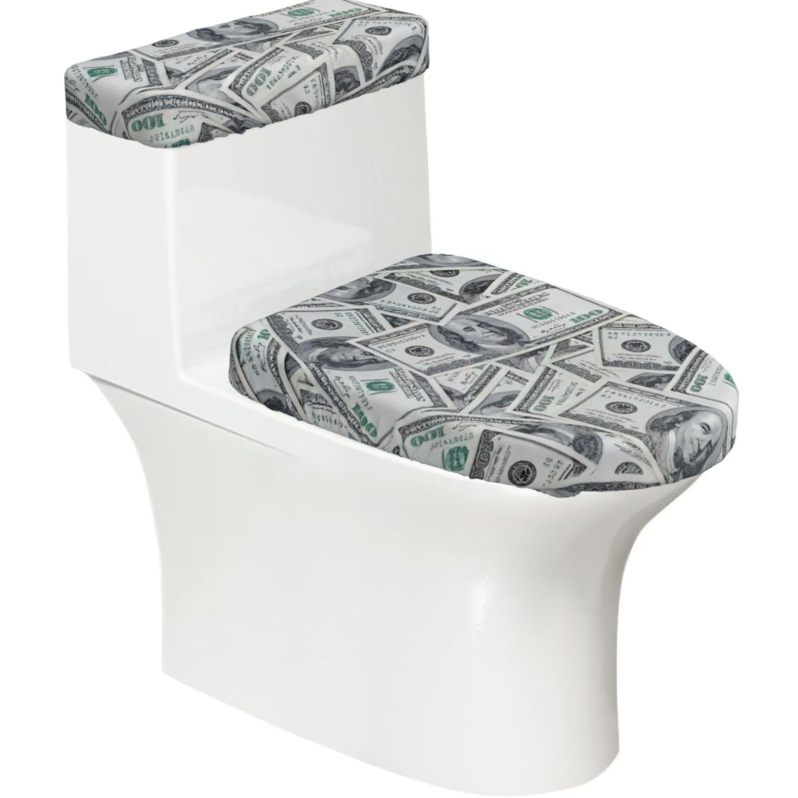 Funny Dollar Money Print Stretch Toilet Covers Set, Polyester Covers Replacement For Fits Most Size Lids Bathroom Decor