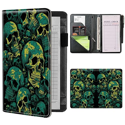 Server Books for Waitress Waiter with Zipper Pocket, Art Skull Leather Server Pads (5