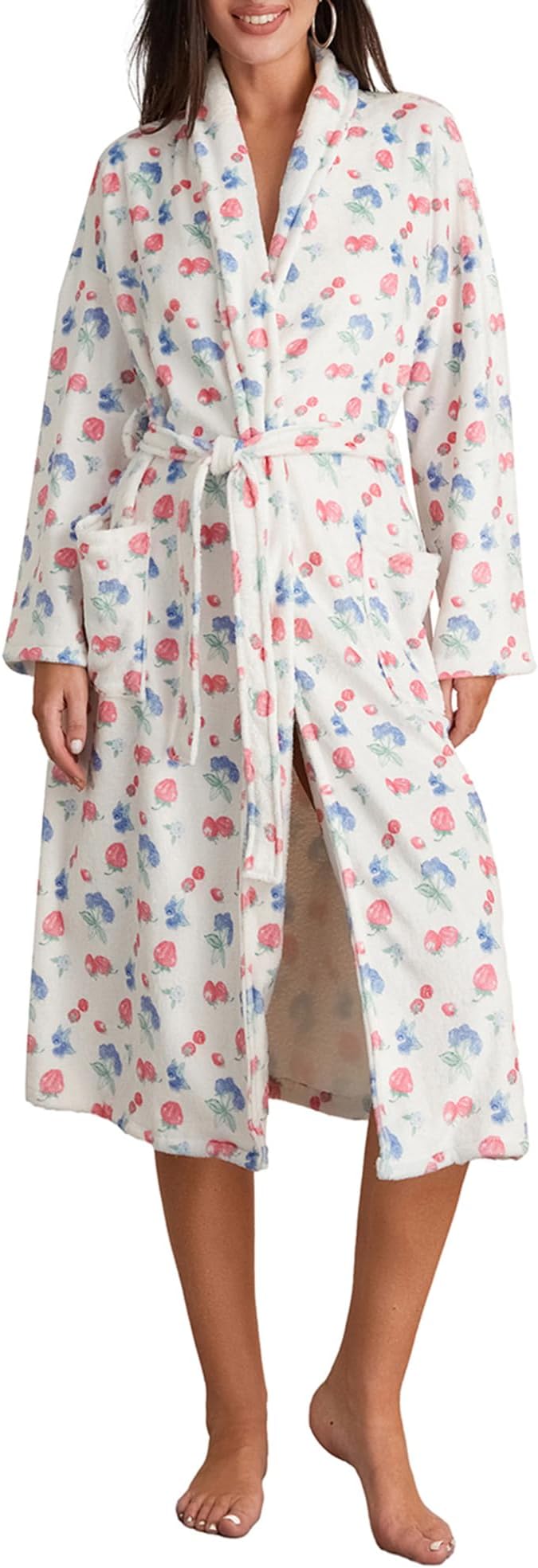 Owl's-Yard Women's Soft Summer Dressing Gown Floral Fruit Print Plush Shawl Collar Bathrobe Warm Lounge Robe with Belt, A-white, L