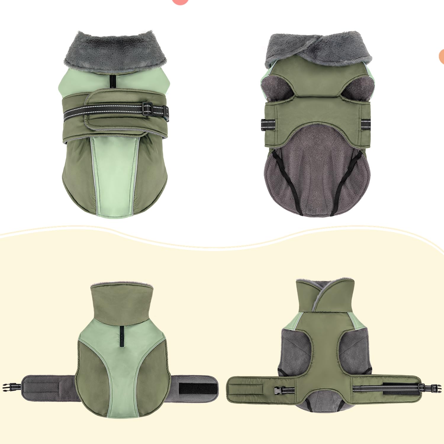 Aimydog Dog Winter Coat - Adjustable Snow Jacket with Zippered Leash Hole, High Collar Cozy Dog Winter Clothes, Green, S-2XL - Image 3