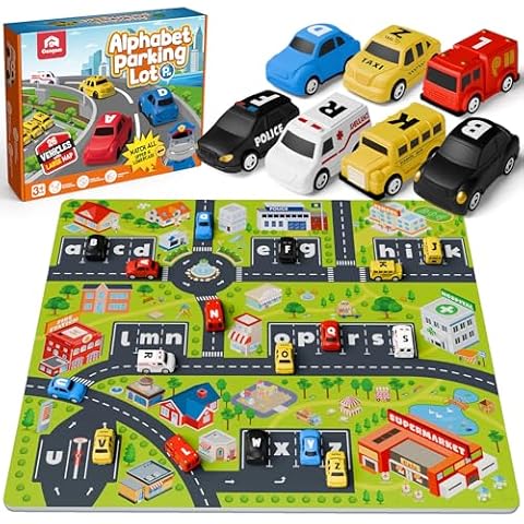 Coogam Alphabet Maze, 26pcs Pull Back Car with Play Mat Preschool Letter Matching Game for 3 4 5 Years Old, Montessori Educational Fine Motor Gift Toy for Toddler Kids Cover