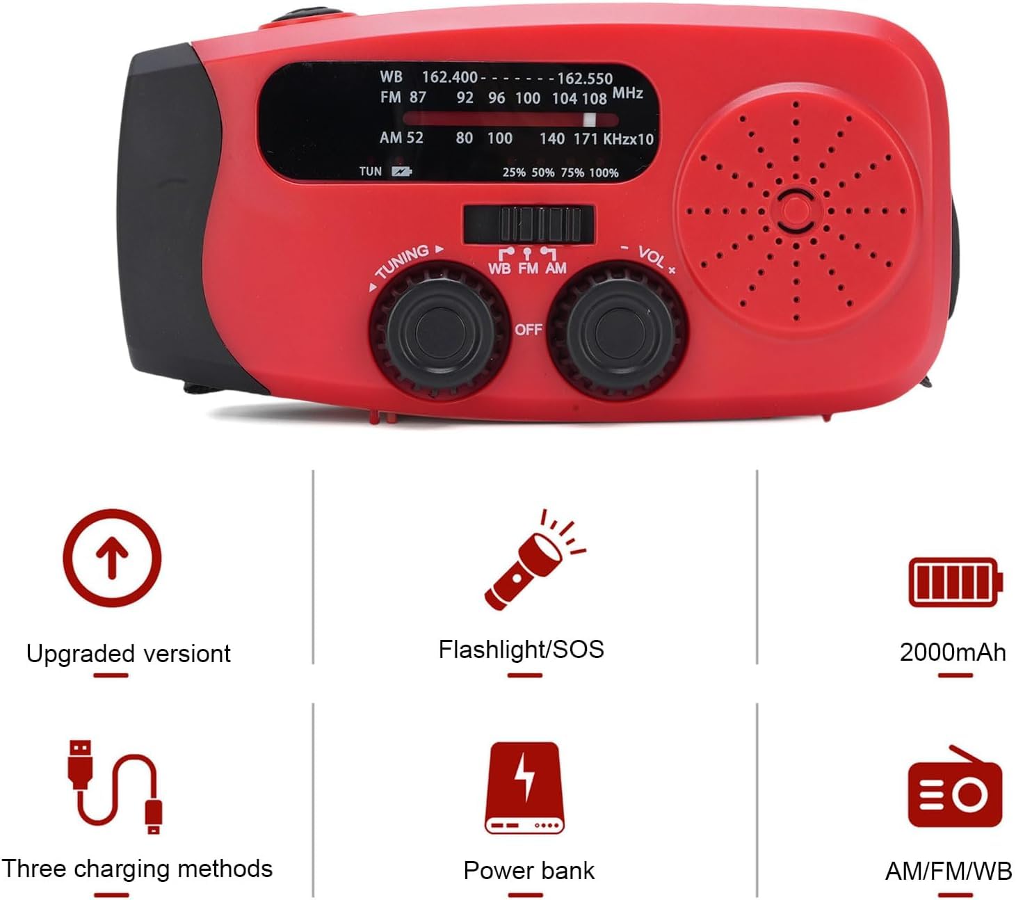 Solar Handkurbel Radio,2000 mAh Solar Handkurbel Dynamo Radio mit LED Taschenlampe Batterieleistung AM/FM Kurbelradio Wiederaufladbare Dynamo Wandern, Camping, Ourdoor,