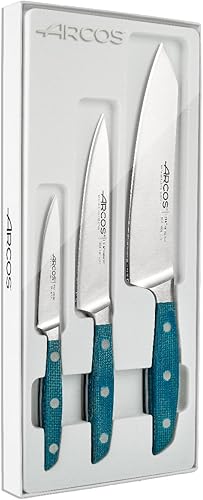 ARCOS Ktichen - Juego de cuchillos de acero inoxidable forjado de 3 piezas. Impresiona y sorprende con cada corte. Mango Micarta Azul. Serie