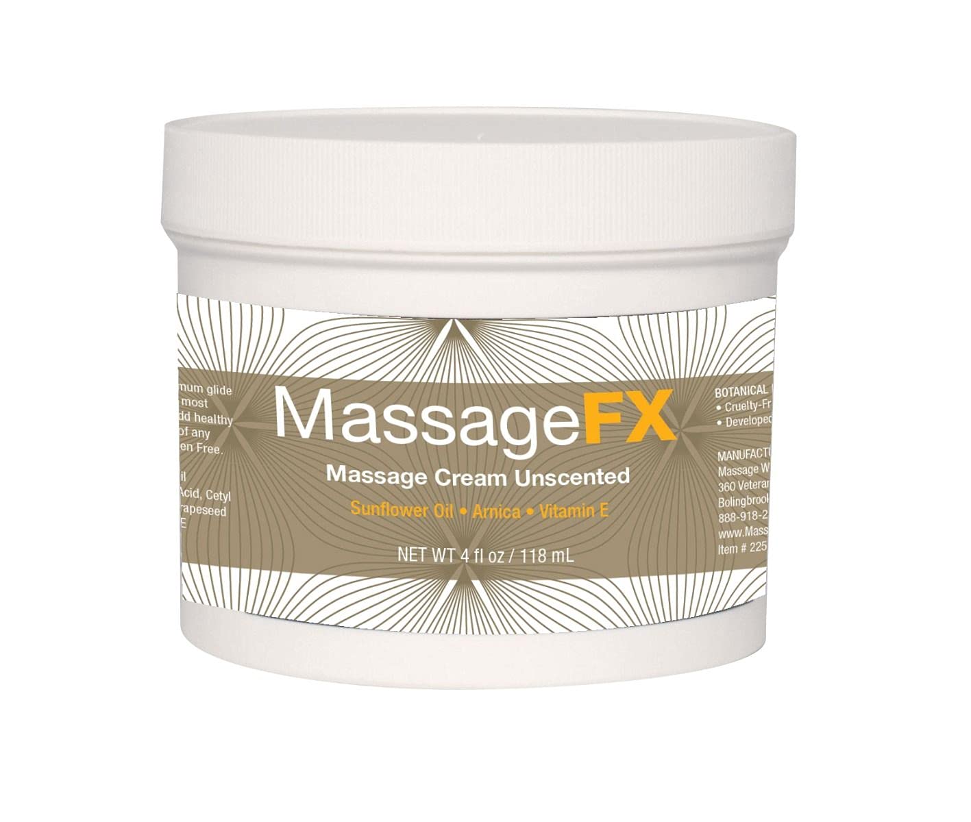 MASSAGE FX Unscented Massage Cream, 4 oz with 100% Pure Sweet Almond & Sunflower Seed Oil - Ivy, Arnica & Aloe, Deep Tissue to Relaxing Light Massages - Easy Glide, Non-Greasy - Paraben Free