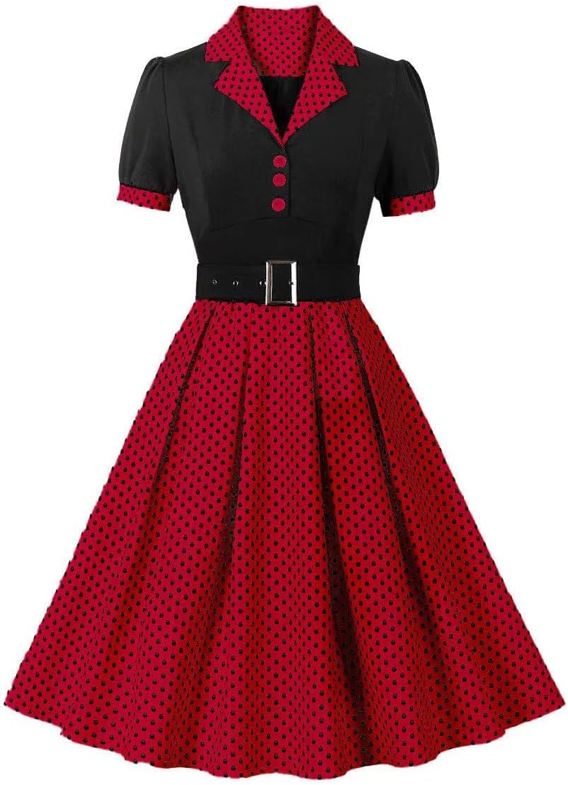 Women's Lapel V Neck Plaid Pocket 1940s 1950s Vintage Swing Dress